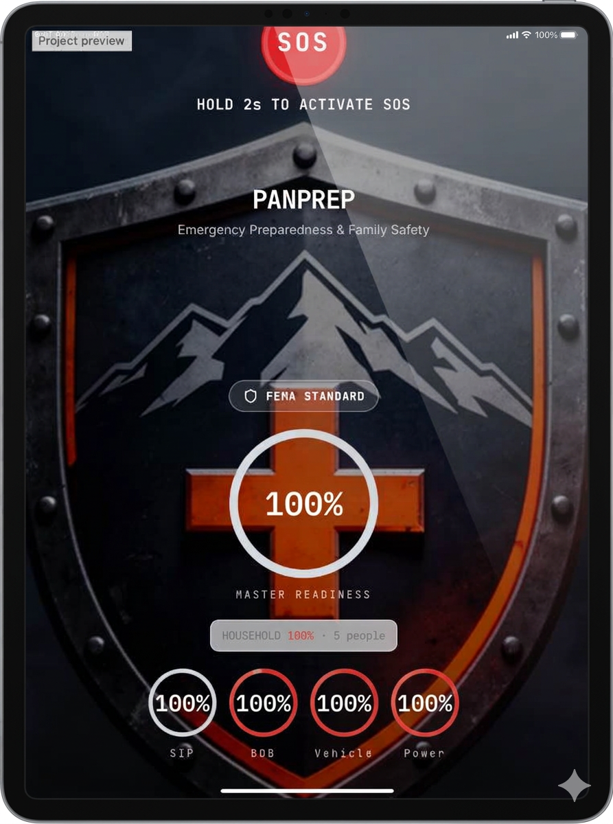 PanPrep app showing a household readiness score, supply inventory and emergency alerts