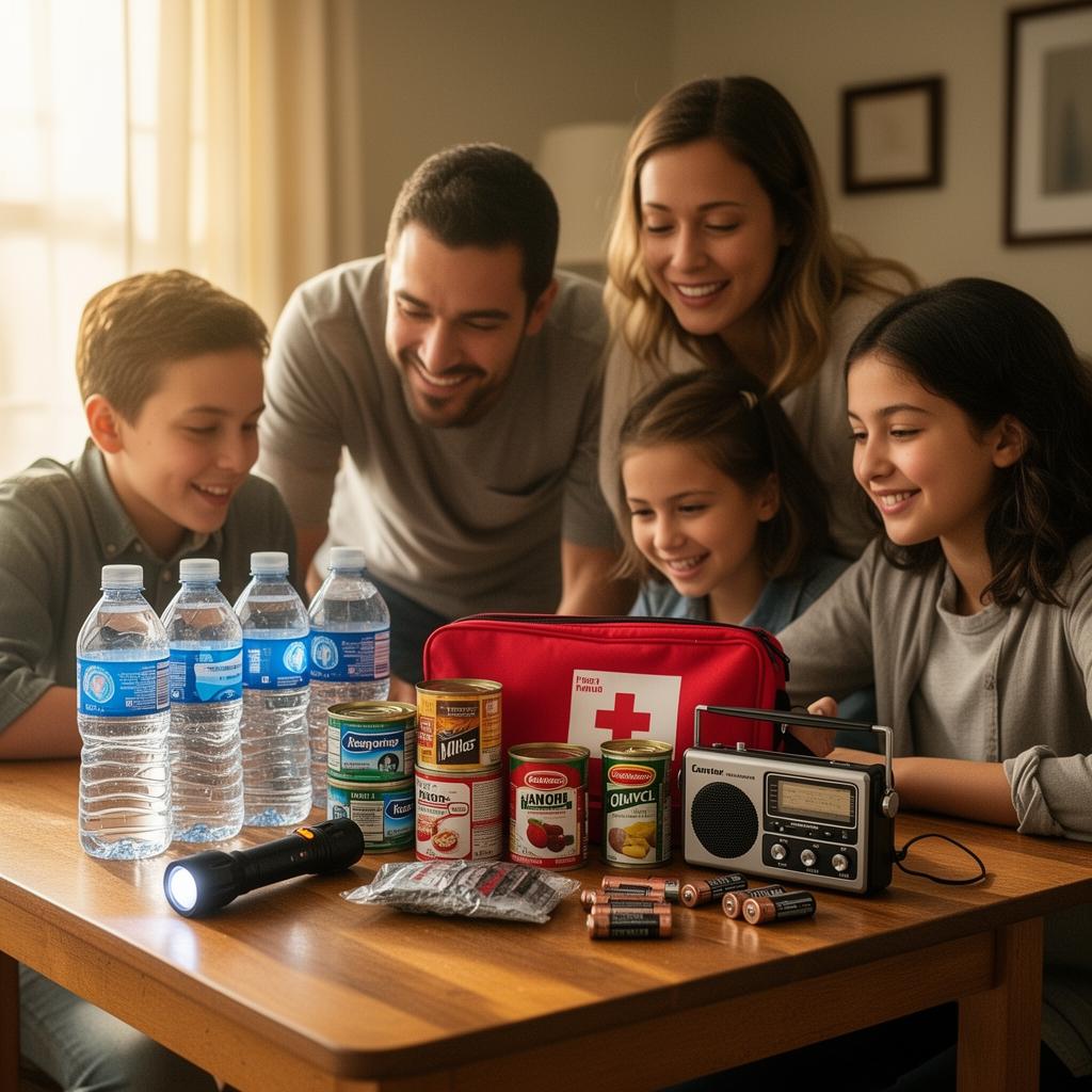Family preparing emergency supplies together